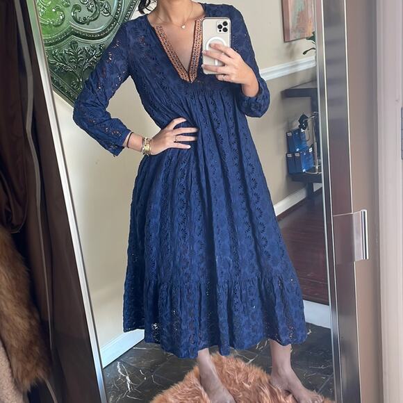 JOHNNY WAS Jade Sapphire Blue Embroidered Silk Blend Dress NWOT - Picture 2 of 8